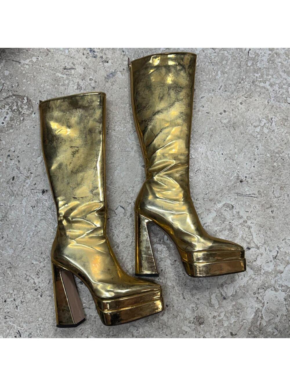 Glam Rock Liquid Metallic Gold Platform Block Heel Knee-High Boots